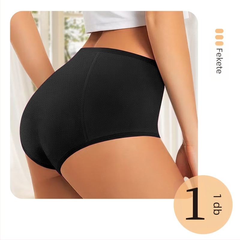 Női menstruációs fehérnemű, kötött poliészter anyag (82%), középmagas derék, lélegző, szivárgásmentes, varrat nélküli, pamut bélés.