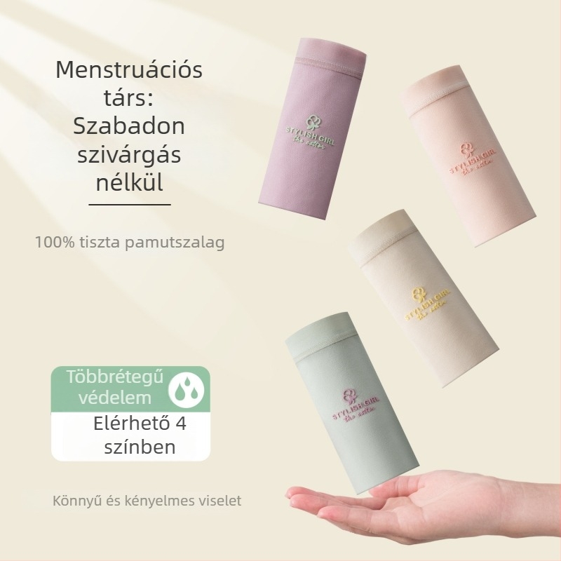 Női fiziológiás fehérnemű: 95% pamut, 5% spandex; anyag: fésült pamut; antibakteriális és lélegző; ágyék alatti bélés pamutból; középmagas derekú