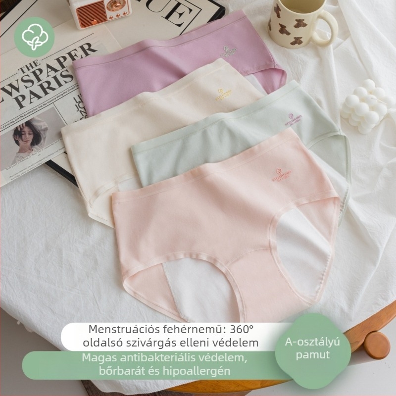 Női fiziológiás fehérnemű: 95% pamut, 5% spandex; anyag: fésült pamut; antibakteriális és lélegző; ágyék alatti bélés pamutból; középmagas derekú