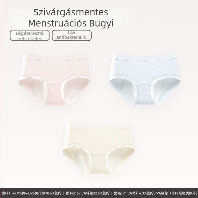 Női antibakteriális menstruációs alsónemű középmagas derekú védelemmel a szivárgás ellen; fő anyag: pamut-modál-spandex; intim rész: viszkóz-spandex-nylon