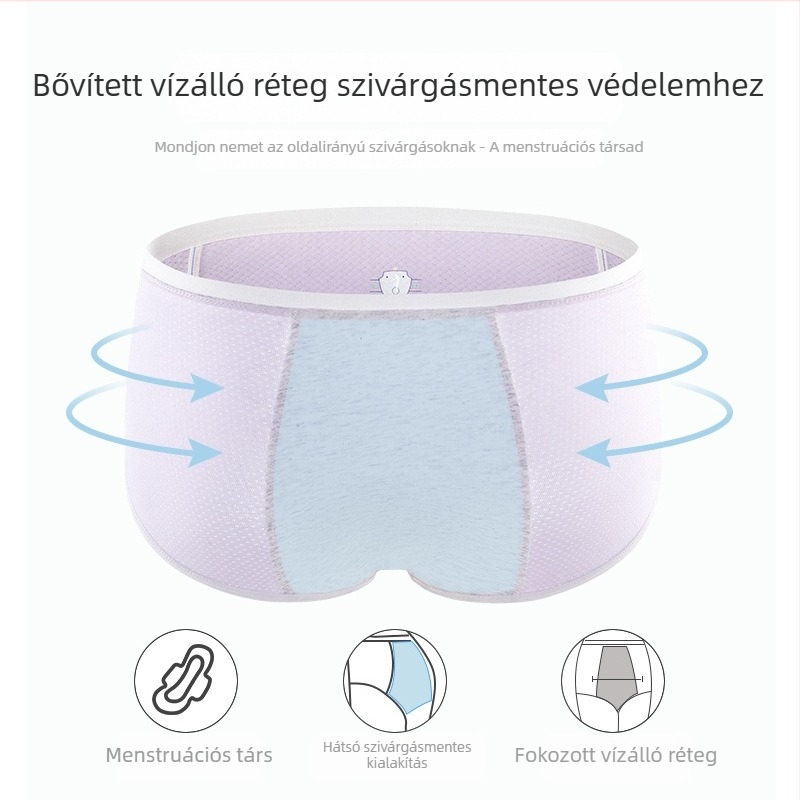 Női menstruációs alsónemű, antibakteriális és szivárgás elleni, Modal anyag 46%, ágyéki bélés 75% pamut, varrat nélküli