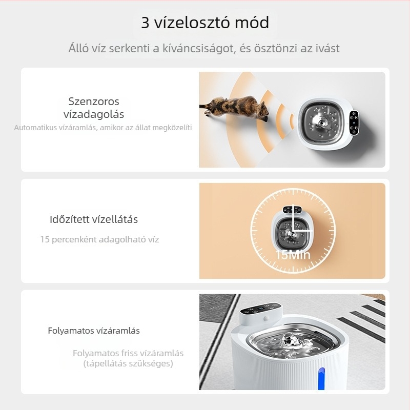 Macska vízforrás automata érzékelővel, levehető, három üzemmód, vízhiány értesítés