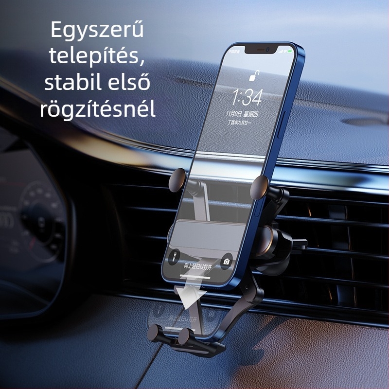 Gravitációs autós telefontartó - ötvözetből, szellőzőn történő rögzítéshez, testreszabható
