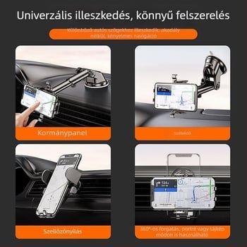 Autós telefon-tartó szívófejű rögzítéssel, univerzális járművekhez, teleszkópos, 360°-os forgás a műszerfalon