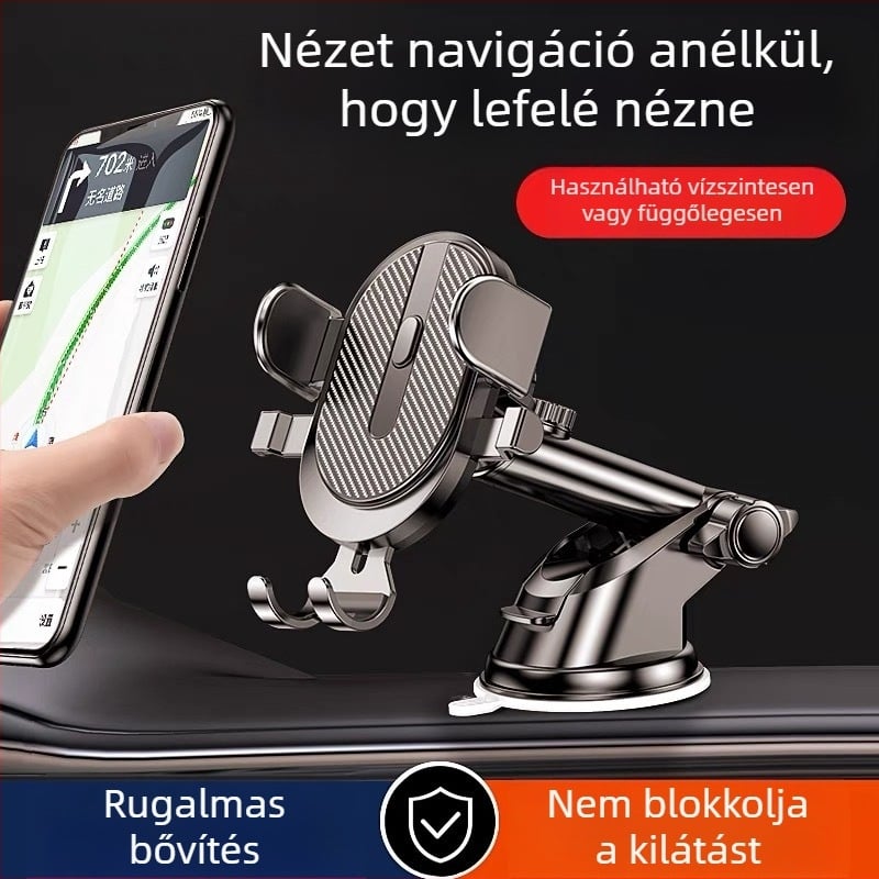 Autós telefon-tartó szívófejű rögzítéssel, univerzális járművekhez, teleszkópos, 360°-os forgás a műszerfalon