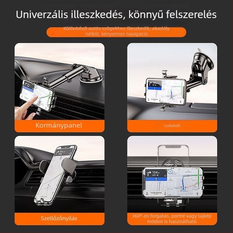Autós telefon-tartó szívófejű rögzítéssel, univerzális járművekhez, teleszkópos, 360°-os forgás a műszerfalon