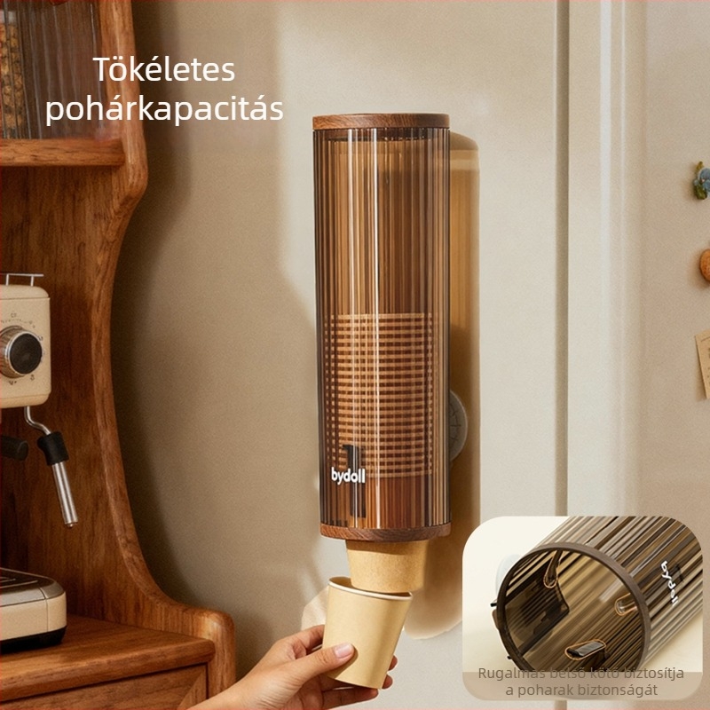 Falra szerelhető műanyag pohártartó és tároló egyszer használatos poharakhoz — retro stílus, 6 szint, fúrás nélkül