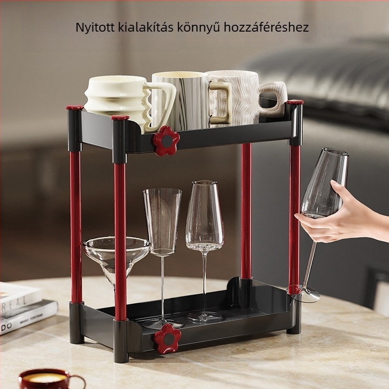 Asztali pohártartó állvány, kétszintes, beépített lefolyóval, műanyagból