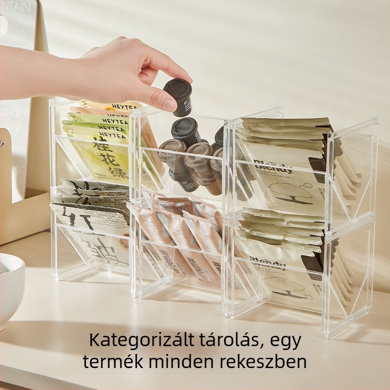 Íróasztali tároló doboz – átlátszó, rakható kivitel, PS anyag, modern minimalist stílus