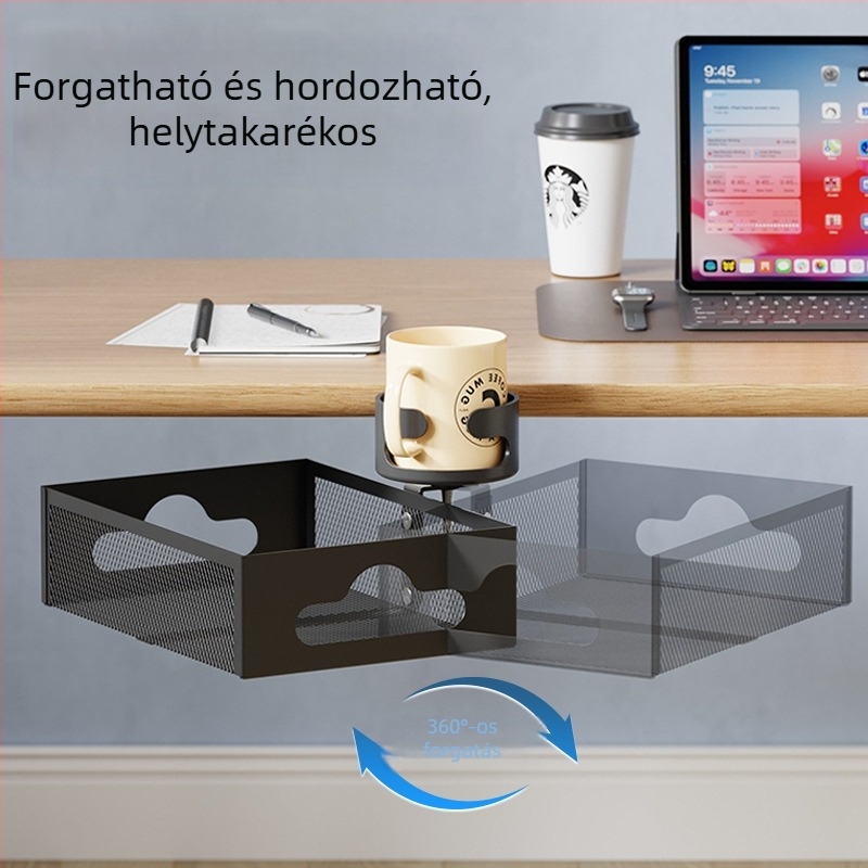 Asztali pohártartó és kábelkezelő, csavarozás nélkül, forgatható, fém + ABS, asztali felszerelés, 1 réteg