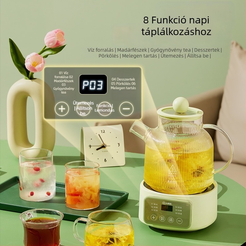 Boroszilikát üvegből készült egészséges teáskanna mikroprocesszoros vezérléssel, 1-1,5 L, 220 V, 500 W