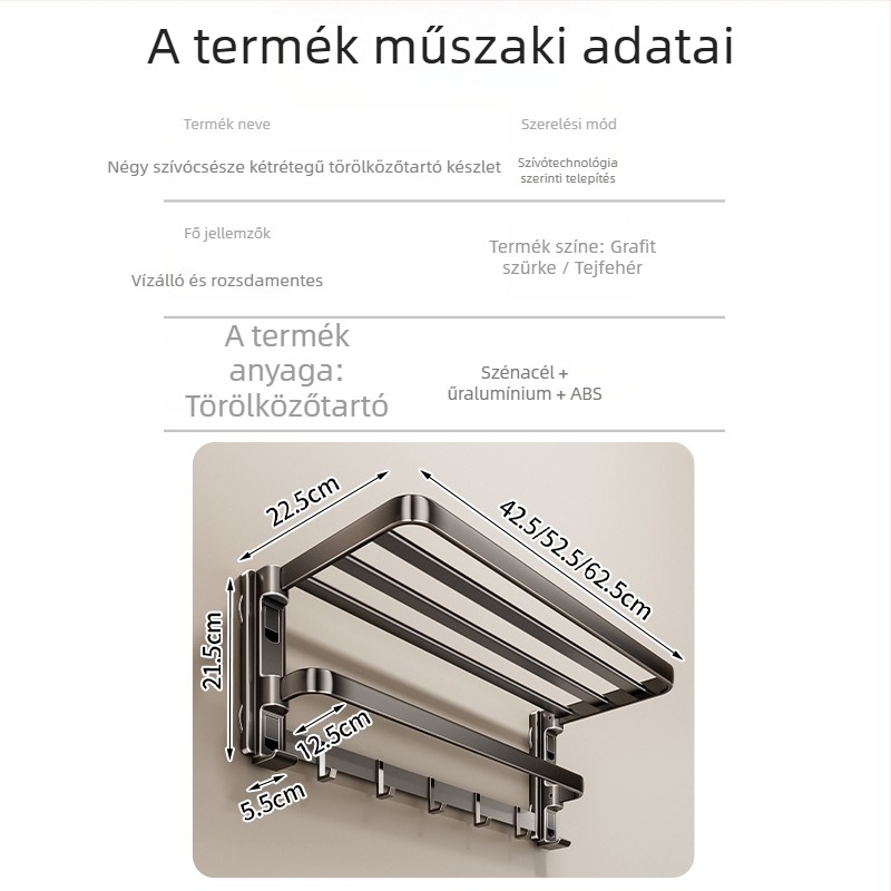 Szívókorongos törölközőtartó integrált akasztóval, fúrás nélkül, két rétegű, levehető, 10 kg teher
