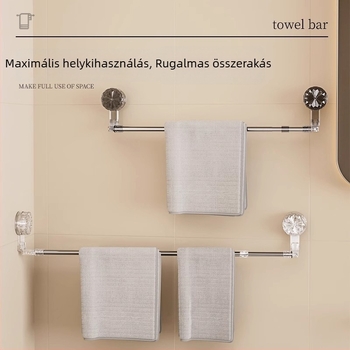 Törölközőtartó vákuumos csatlakozóval, fúrás nélkül, teleszkópos fürdőszobai tartó, műanyag és rozsdamentes acél