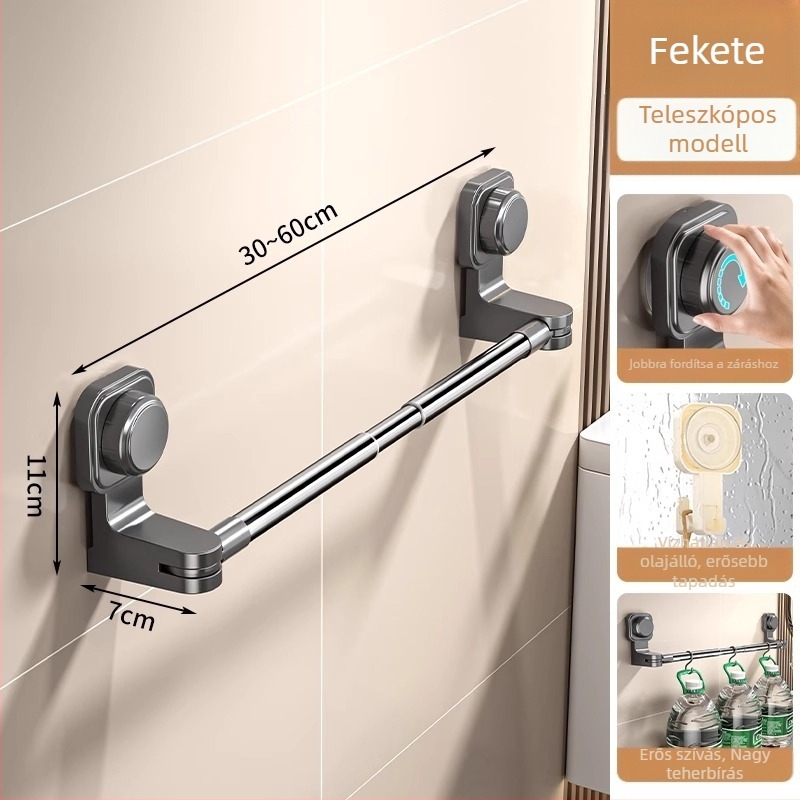 Törölközőtartó vákuumos csatlakozóval, fúrás nélkül, teleszkópos fürdőszobai tartó, műanyag és rozsdamentes acél