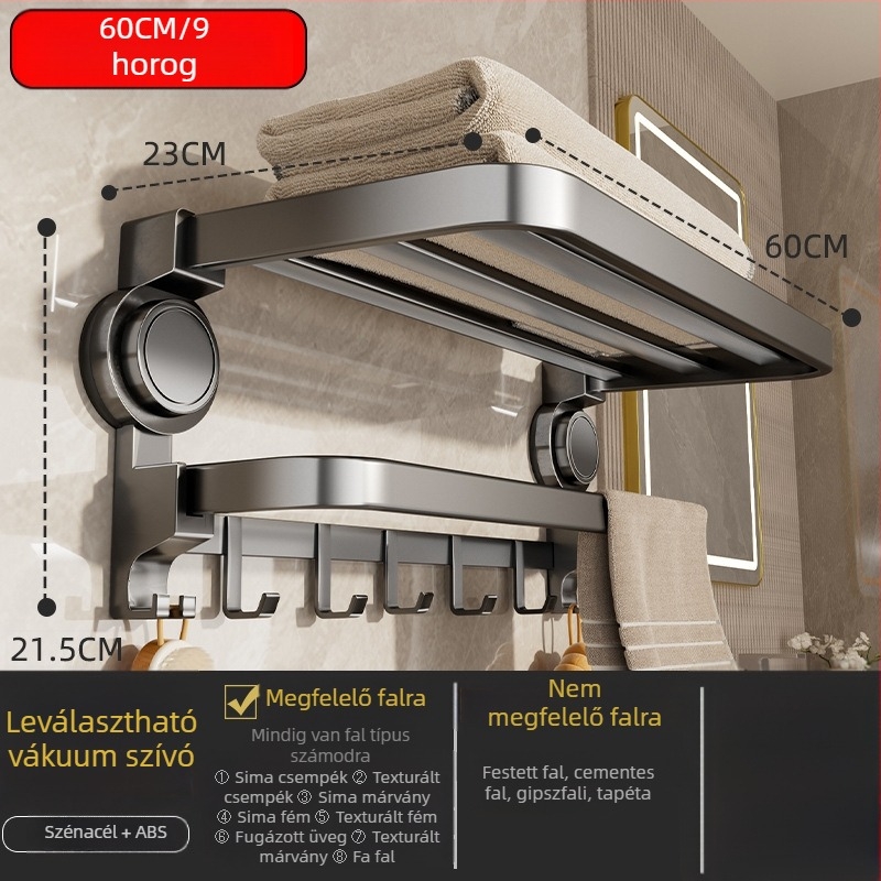 Oginsk fém törölközőtartó fürdőszobához suction cup-dal — falra szerelhető, fúrás nélküli tároló
