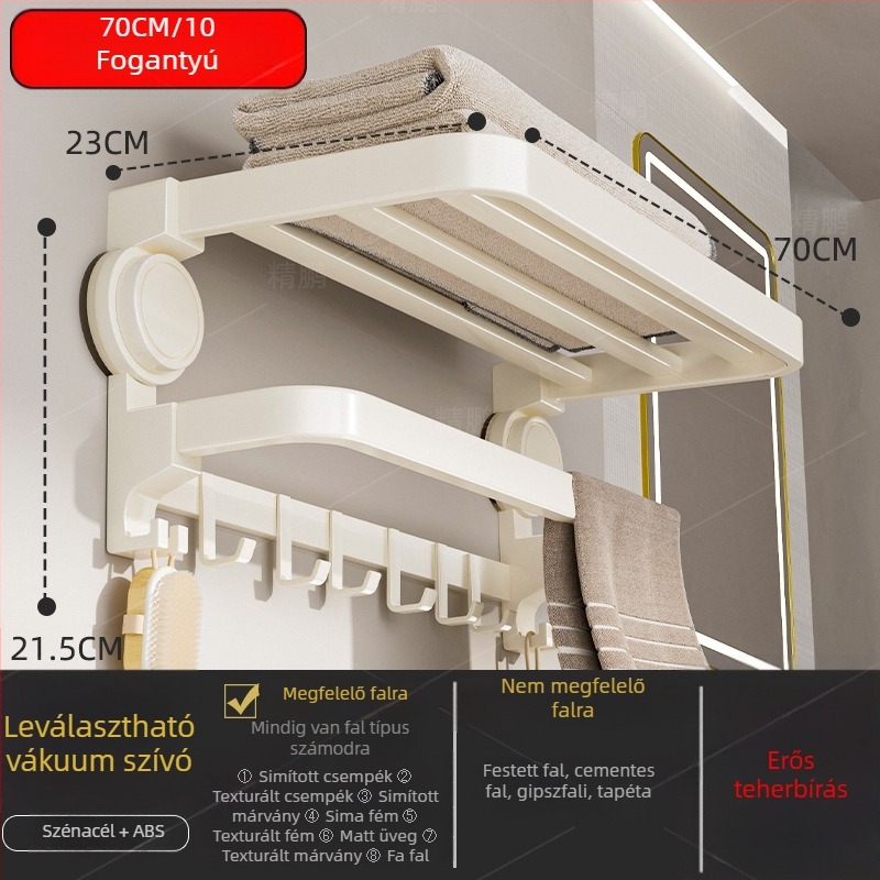 Oginsk fém törölközőtartó fürdőszobához suction cup-dal — falra szerelhető, fúrás nélküli tároló