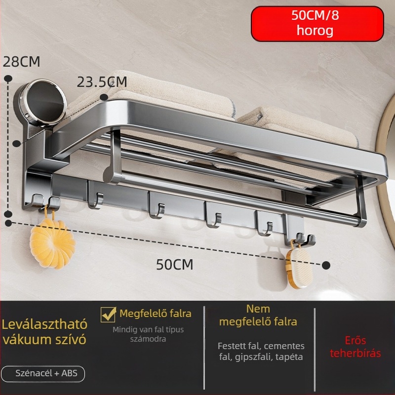 Oginsk fém törölközőtartó fürdőszobához suction cup-dal — falra szerelhető, fúrás nélküli tároló