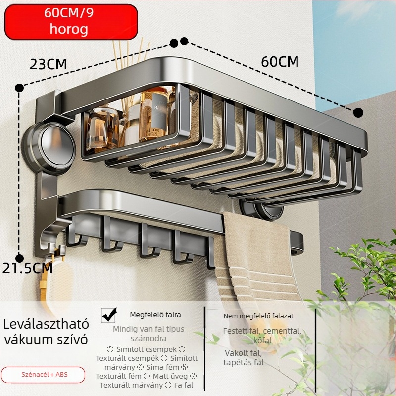 Oginsk fém törölközőtartó fürdőszobához suction cup-dal — falra szerelhető, fúrás nélküli tároló