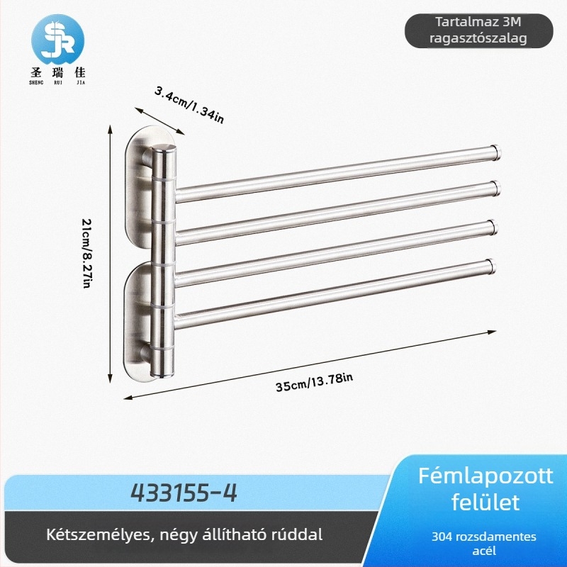 Fúrás nélküli törölközőtartó 304 rozsdamentes acélból fürdőszobára, forgó törölközőkar és tároló, 2–4 réteg