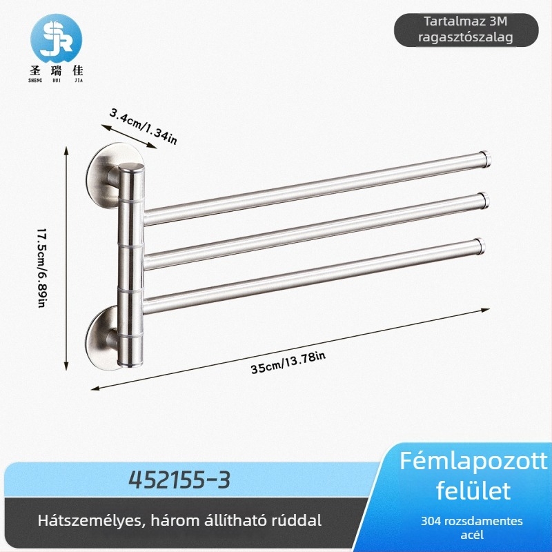 Fúrás nélküli törölközőtartó 304 rozsdamentes acélból fürdőszobára, forgó törölközőkar és tároló, 2–4 réteg