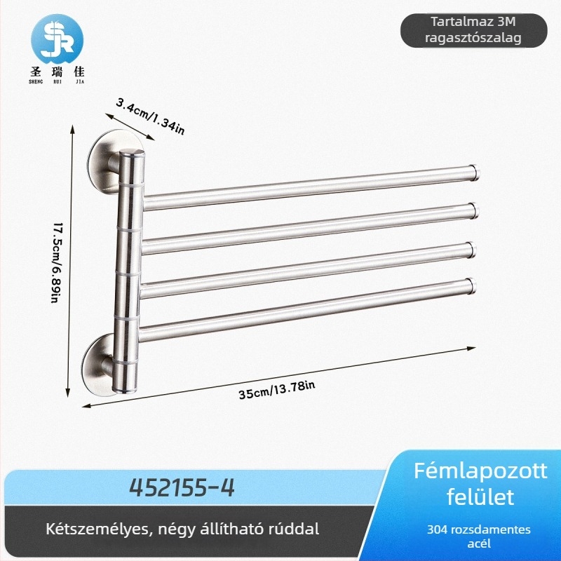 Fúrás nélküli törölközőtartó 304 rozsdamentes acélból fürdőszobára, forgó törölközőkar és tároló, 2–4 réteg