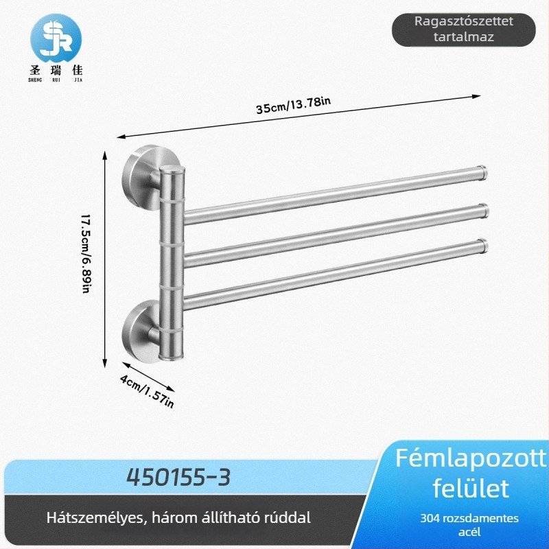 Fúrás nélküli törölközőtartó 304 rozsdamentes acélból fürdőszobára, forgó törölközőkar és tároló, 2–4 réteg
