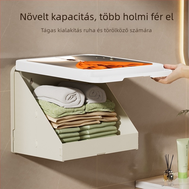 Falra szerelhető fürdőszobai tároló, hajtogatható műanyag, polírozott felület, teherbírás 10 kg