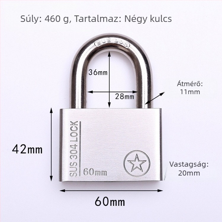 304 rozsdamentes acél lakat, lopás elleni, vízálló, egyenes nyitású, Sbe modell, modern minimalista design