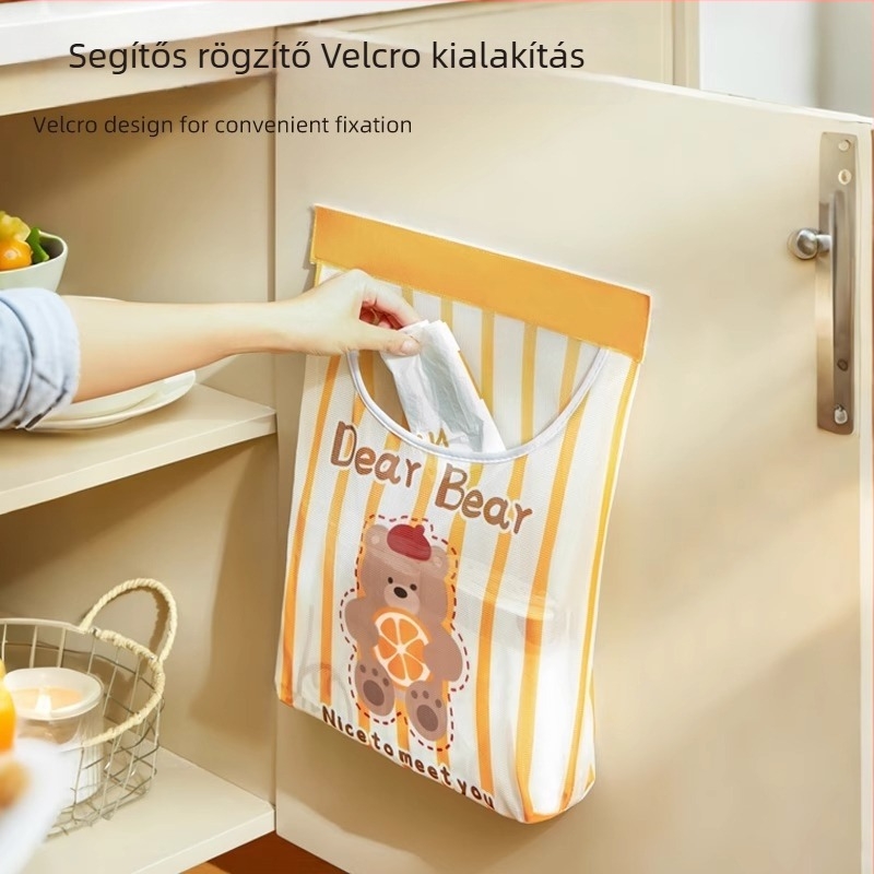 Hálós falra szerelhető szemeteszsák-tároló, konyhai használatra, aranyos cartoon stílus, többfunkciós.
