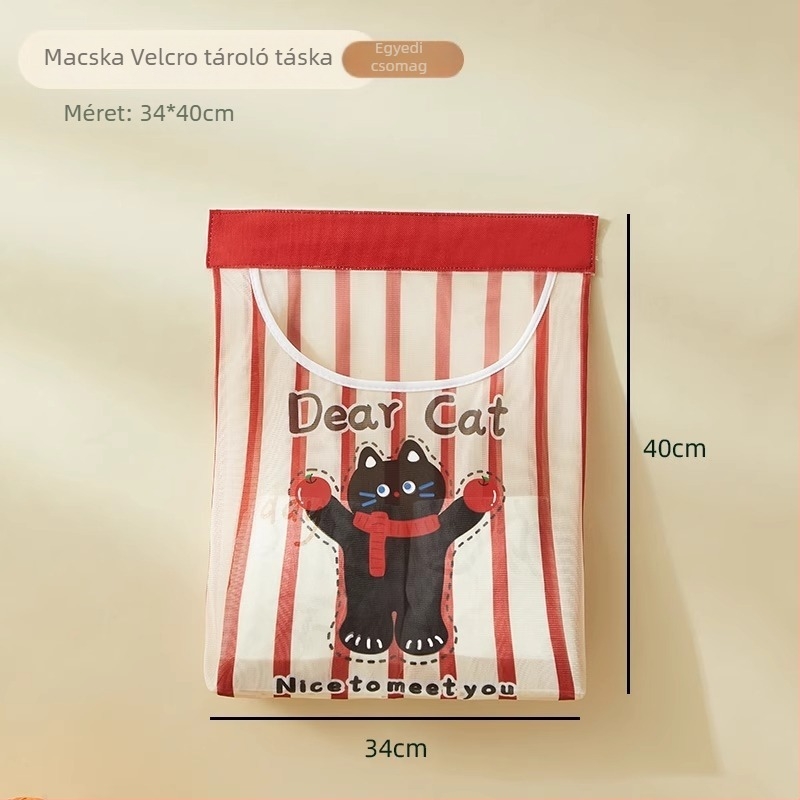Hálós falra szerelhető szemeteszsák-tároló, konyhai használatra, aranyos cartoon stílus, többfunkciós.