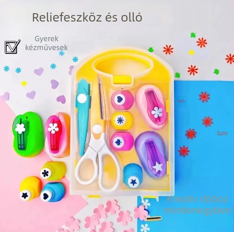 DIY domborító készlet gyerekeknek – takarékos erőforrású domborító eszköz, nyomtató készlet, tartalmaz nagy csipkés ollókat; Anyag: műanyag; Ajánlott életkor: 7–14 év