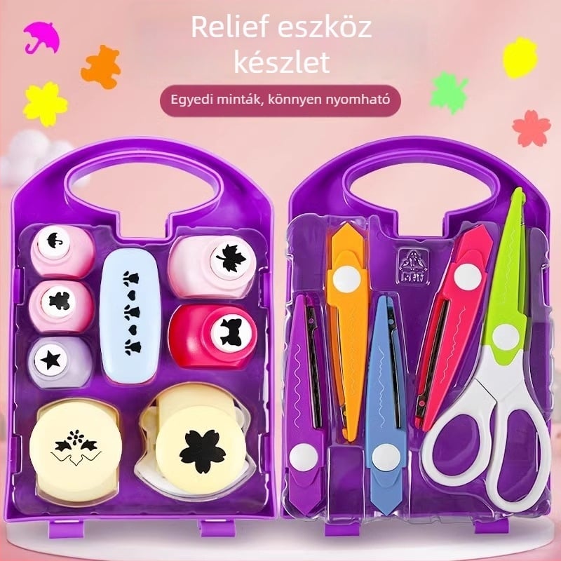 DIY domborító készlet gyerekeknek – takarékos erőforrású domborító eszköz, nyomtató készlet, tartalmaz nagy csipkés ollókat; Anyag: műanyag; Ajánlott életkor: 7–14 év