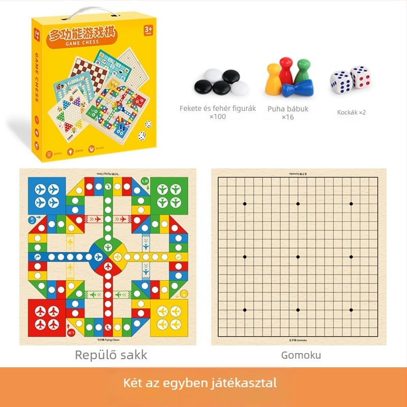 Két az egyben, fa játék gyerekeknek: Gomoku és repülő sakk, hordozható ajándékdobozzal; elősegíti a szellemi fejlődést és a kéz-szem koordinációt.