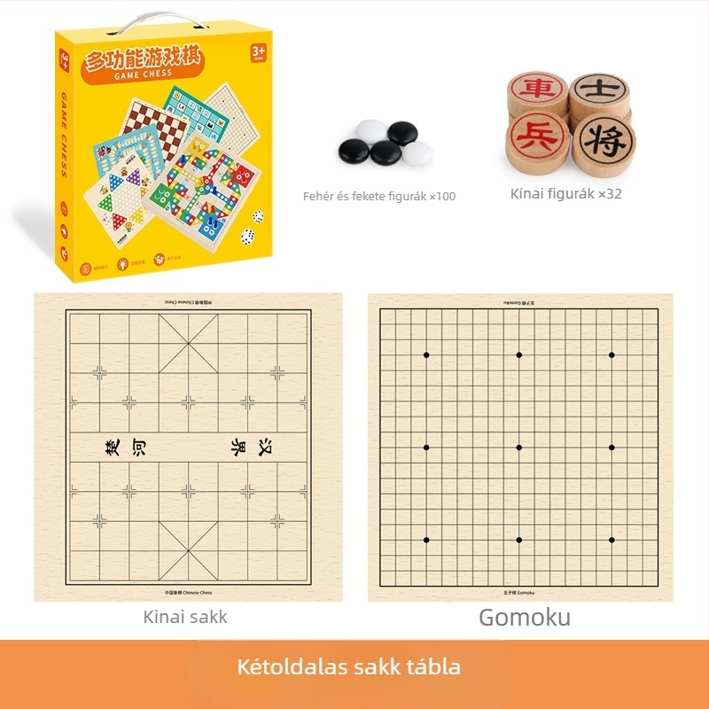 Két az egyben, fa játék gyerekeknek: Gomoku és repülő sakk, hordozható ajándékdobozzal; elősegíti a szellemi fejlődést és a kéz-szem koordinációt.