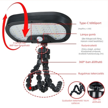 Napelemes kültéri LED lámpa mozgásérzékelővel kerthez és kerítéshez — IP65, 3,6V, 6–12 óra működés