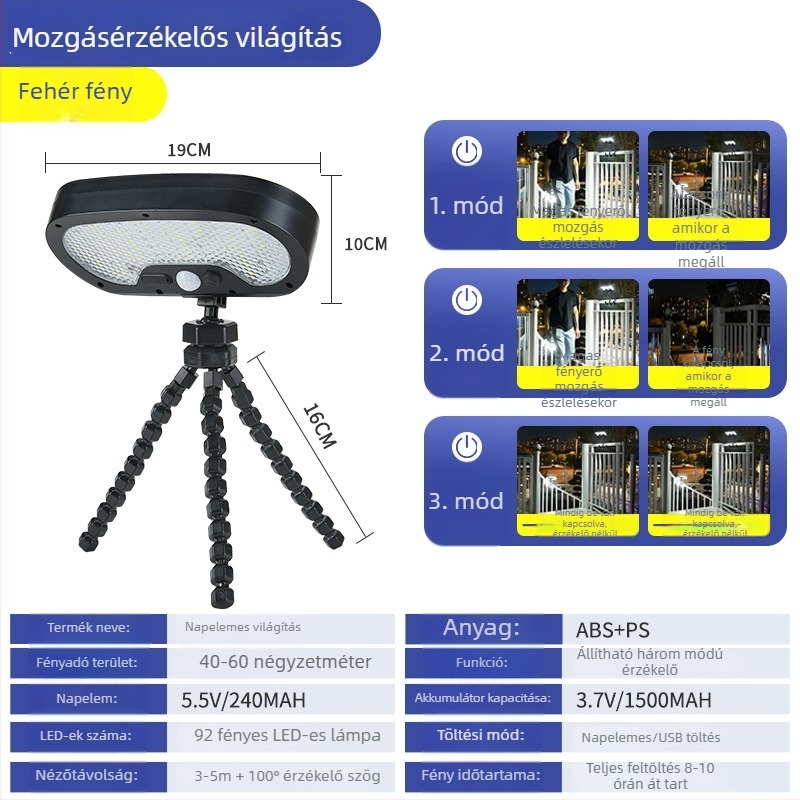 Napelemes kültéri LED lámpa mozgásérzékelővel kerthez és kerítéshez — IP65, 3,6V, 6–12 óra működés