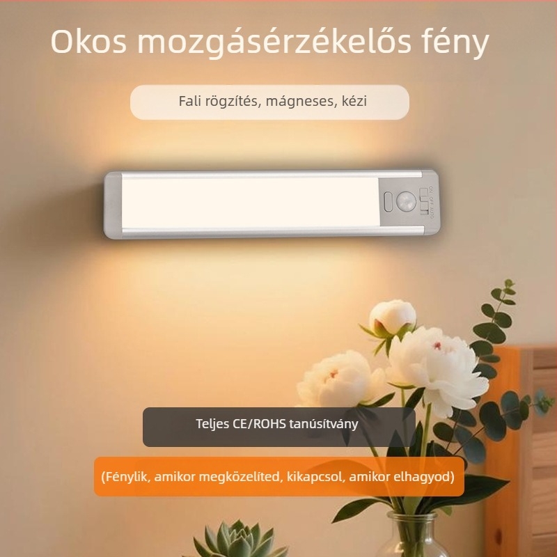 Szenzoros éjszakai lámpa szekrényhez — vezeték nélküli, hosszú öntapadós szalag, beépített akkumulátor, három színhőmérséklet, 16 színváltozat