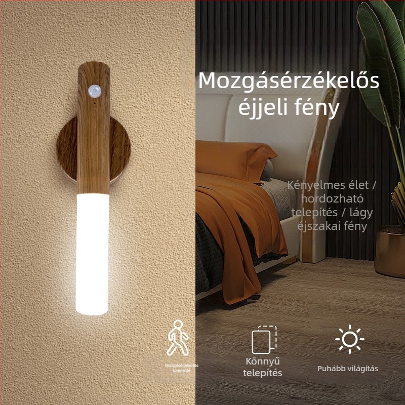 Mozgásérzékelős éjszakai fény, fa imitációs dizájn, újratölthető, 5V, PVC árnyékoló, RoHS-kompatibilis