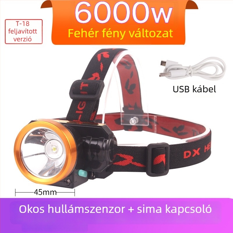 Éjszakai horgászathoz fejfény - újratölthető LED, indukciós kapcsoló, könnyű műanyag test, hatótávolság 200–500 m