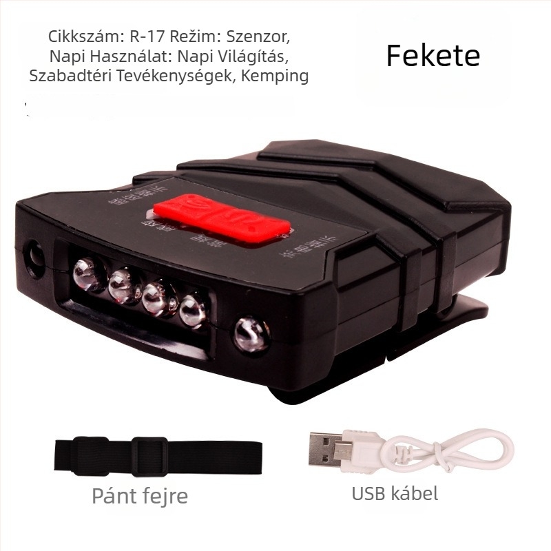 Éjszakai horgászathoz fejfény - újratölthető LED, indukciós kapcsoló, könnyű műanyag test, hatótávolság 200–500 m