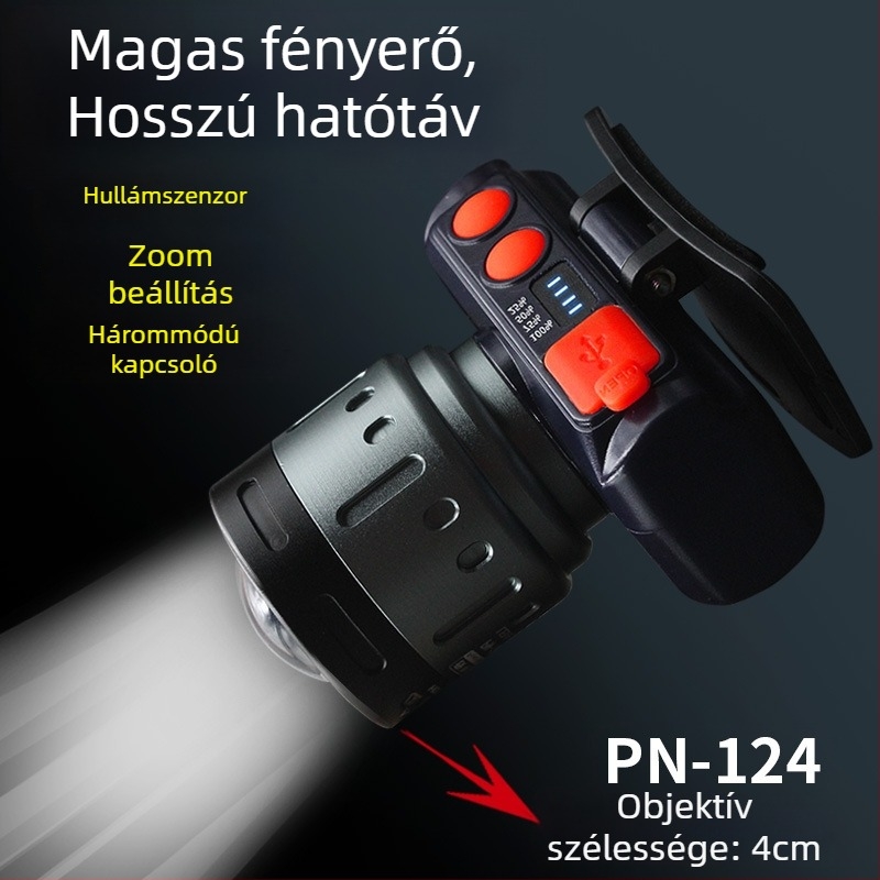 Éjszakai horgászathoz fejfény - újratölthető LED, indukciós kapcsoló, könnyű műanyag test, hatótávolság 200–500 m