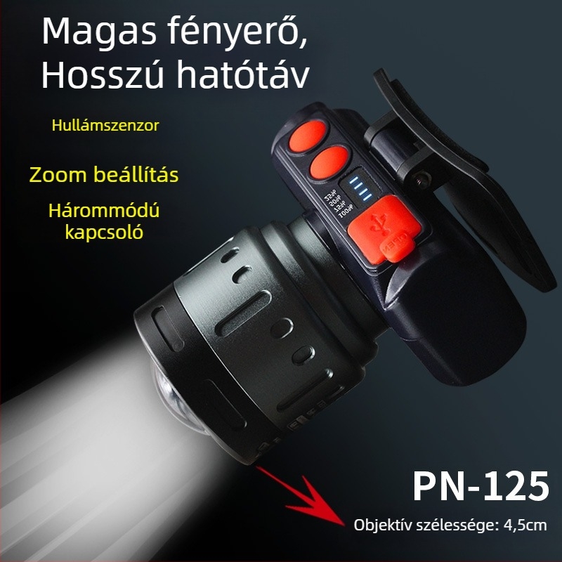 Éjszakai horgászathoz fejfény - újratölthető LED, indukciós kapcsoló, könnyű műanyag test, hatótávolság 200–500 m