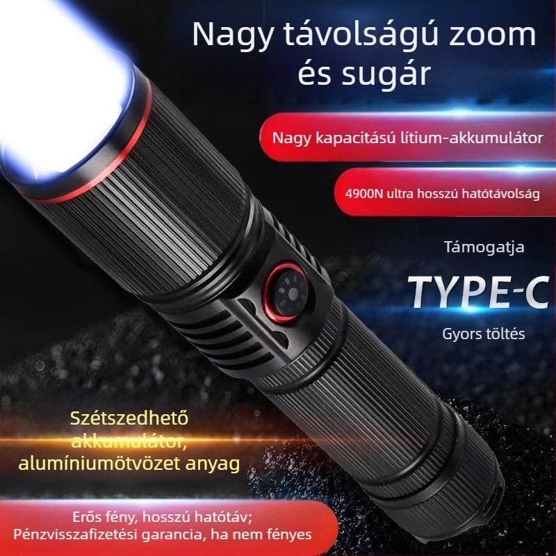 Kézben tartható elemlámpa, alumínium ötvözet testtel, modell G25-0921, 50–100 m hatótávolság, vízálló