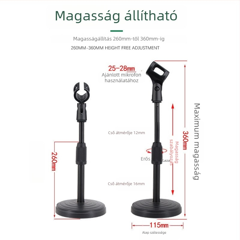 Asztali mikrofonállvány nehéz fém korong alapú, állítható magasságú, kondenzátor mikrofonnal kompatibilis, MILESNG ZM02