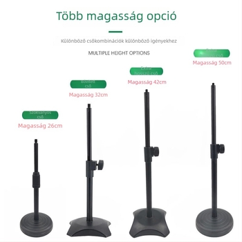 Asztali tartó telefonhoz és mikrofonhoz állítható világítással élő közvetítéshez, kerek korong alap, fémcső konstrukció.