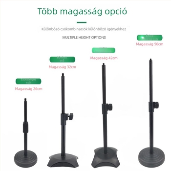 Asztali tartó telefonhoz és mikrofonhoz állítható világítással élő közvetítéshez, kerek korong alap, fémcső konstrukció.