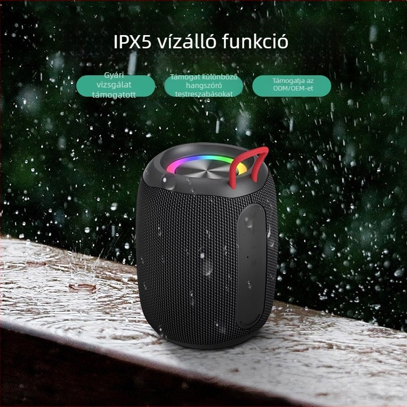 Hordozható Bluetooth hangszóró, kettős driveuri, Bluetooth 5.3, IPX5 vízálló, 5W teljesítmény, beépített 1000–1200 mAh akkumulátor, frekvenciatartomány 100 Hz–20 kHz