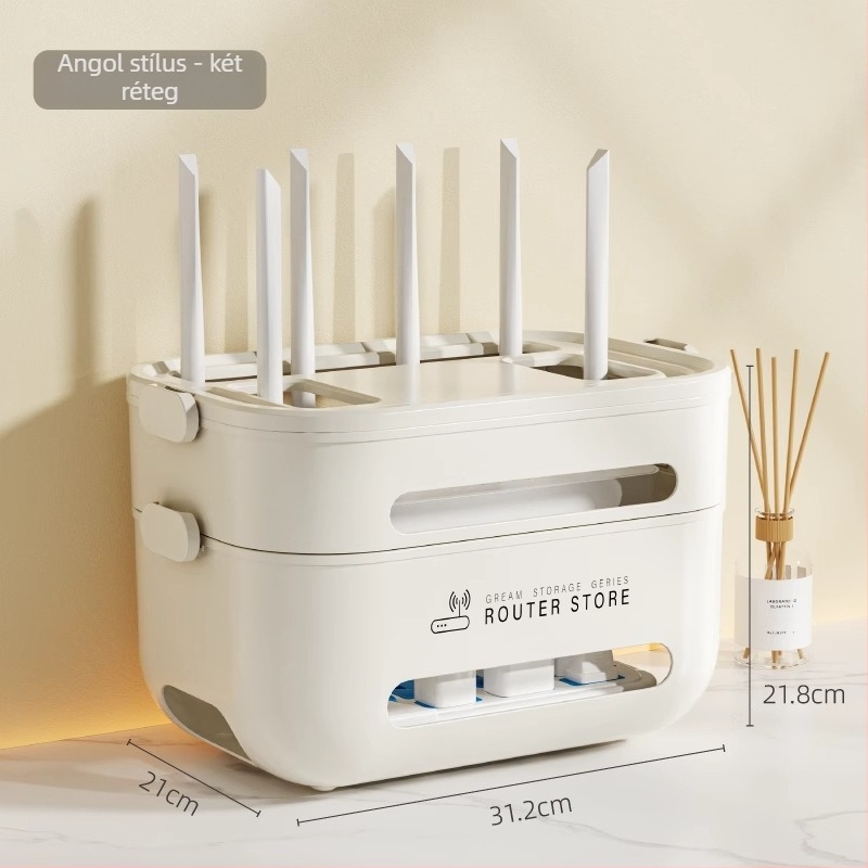 Wi‑Fi router és set‑top box kábelrendező doboz — asztali szervező, PP műanyag, modern minimalist design