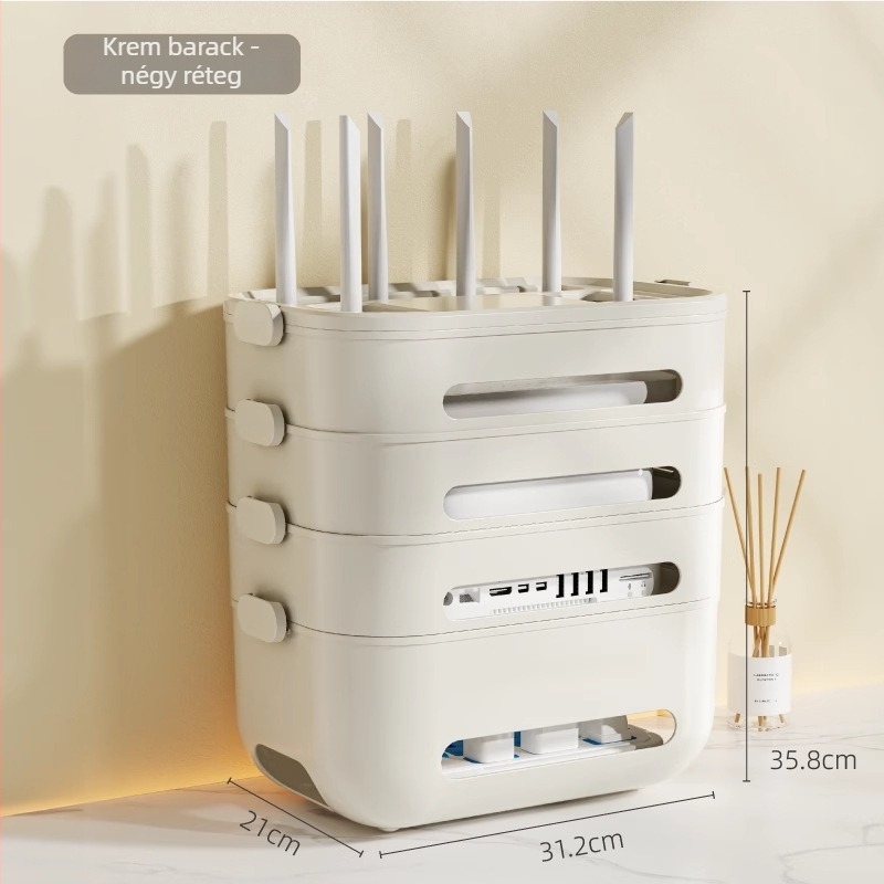 Wi‑Fi router és set‑top box kábelrendező doboz — asztali szervező, PP műanyag, modern minimalist design