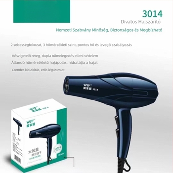 Elektromos hajszárító csendes kialakítással és állandó hőmérsékletű ápolással, 1600W, 220V, meleg/hideg levegő, egyetlen fúvóka, zaj 45–50 dB